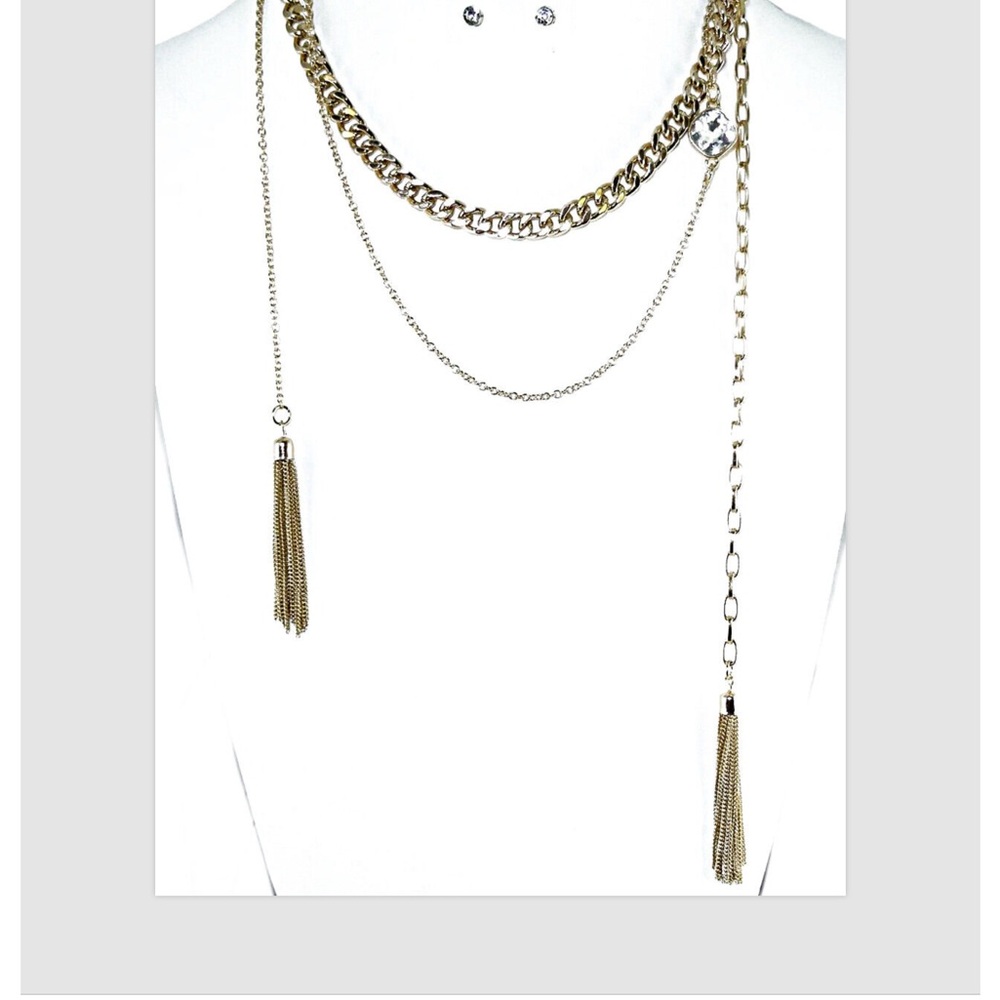 Necklace Earrings Crystal Women's Gold Tassel Chain Multi Layered 18"-21"L